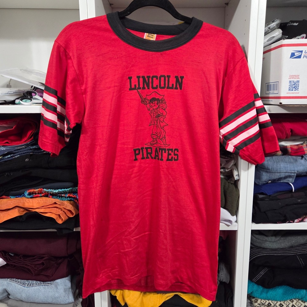 True Vintage Velva Sheen Lincoln Pirates Ringer Shirt Red Mens Medium 80s USA